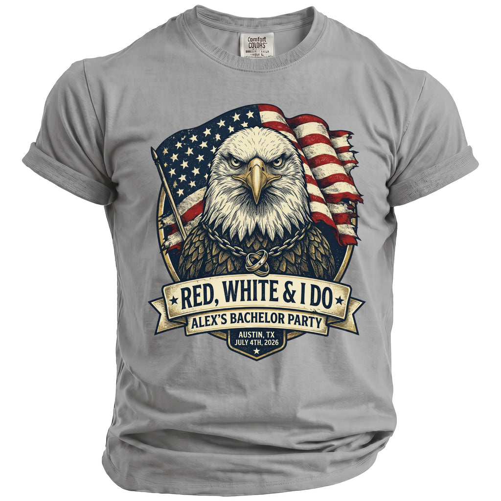 Eagle with American flag and "Red, White & I Do" text for Alex's Bachelor Party.