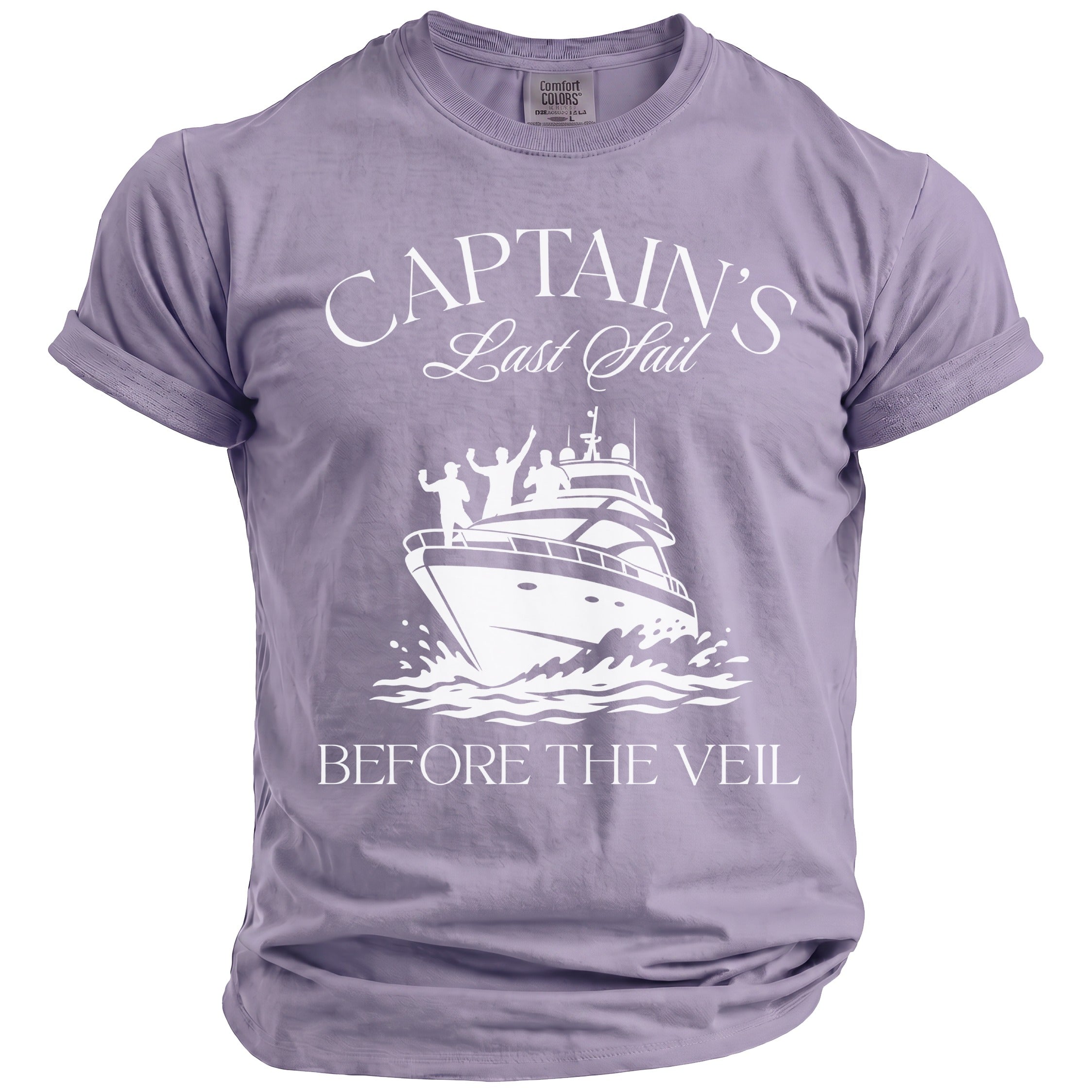 Lavender t-shirt with "Captain's Last Sail Before The Veil" text and boat graphic.
