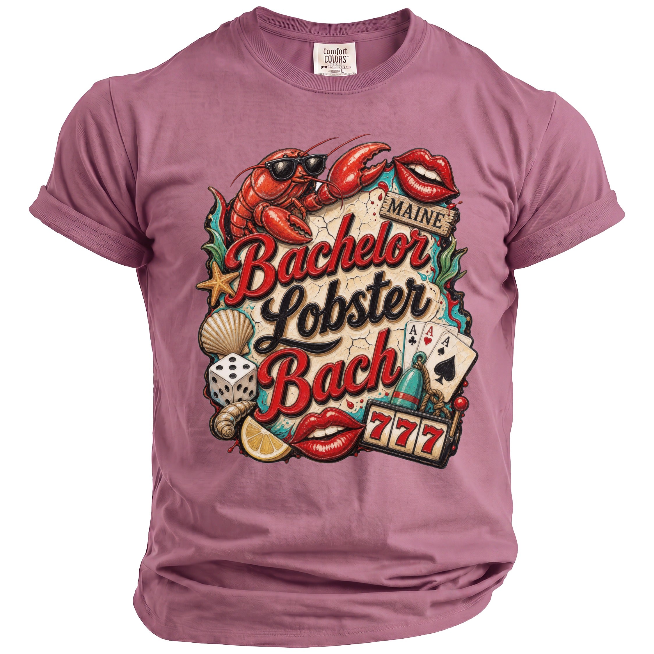 Pink t-shirt with "Bachelor Lobster Bach Maine" graphic, lobster, dice, cards, and lips.