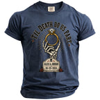 Navy t-shirt with skeleton hand holding ring, text "Til Death Do Us Part" and names Alex & Jordan.