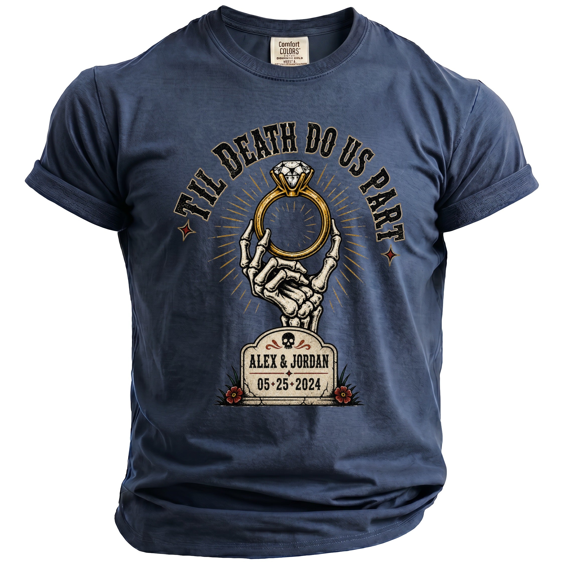 Navy t-shirt with skeleton hand holding ring, text "Til Death Do Us Part" and names Alex & Jordan.