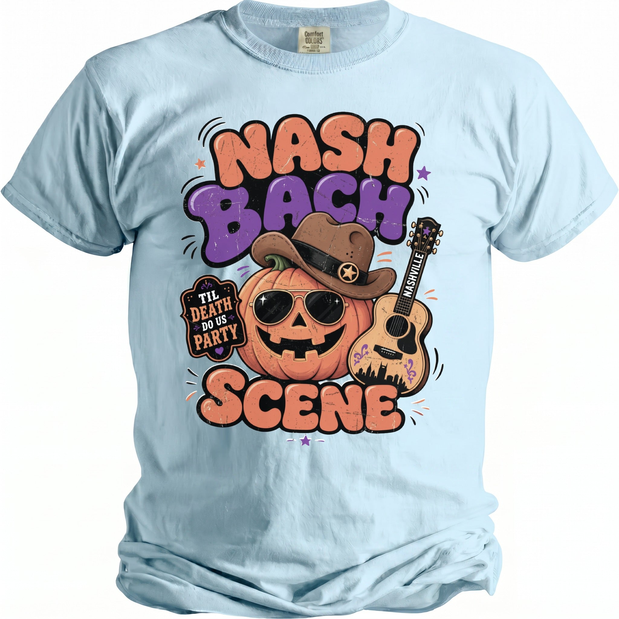 Nashville Bach Scene t-shirt with pumpkin, cowboy hat, guitar, and text.
