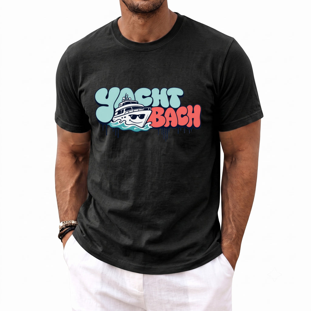 Black t-shirt with "Yacht Bach" graphic featuring a yacht in water.