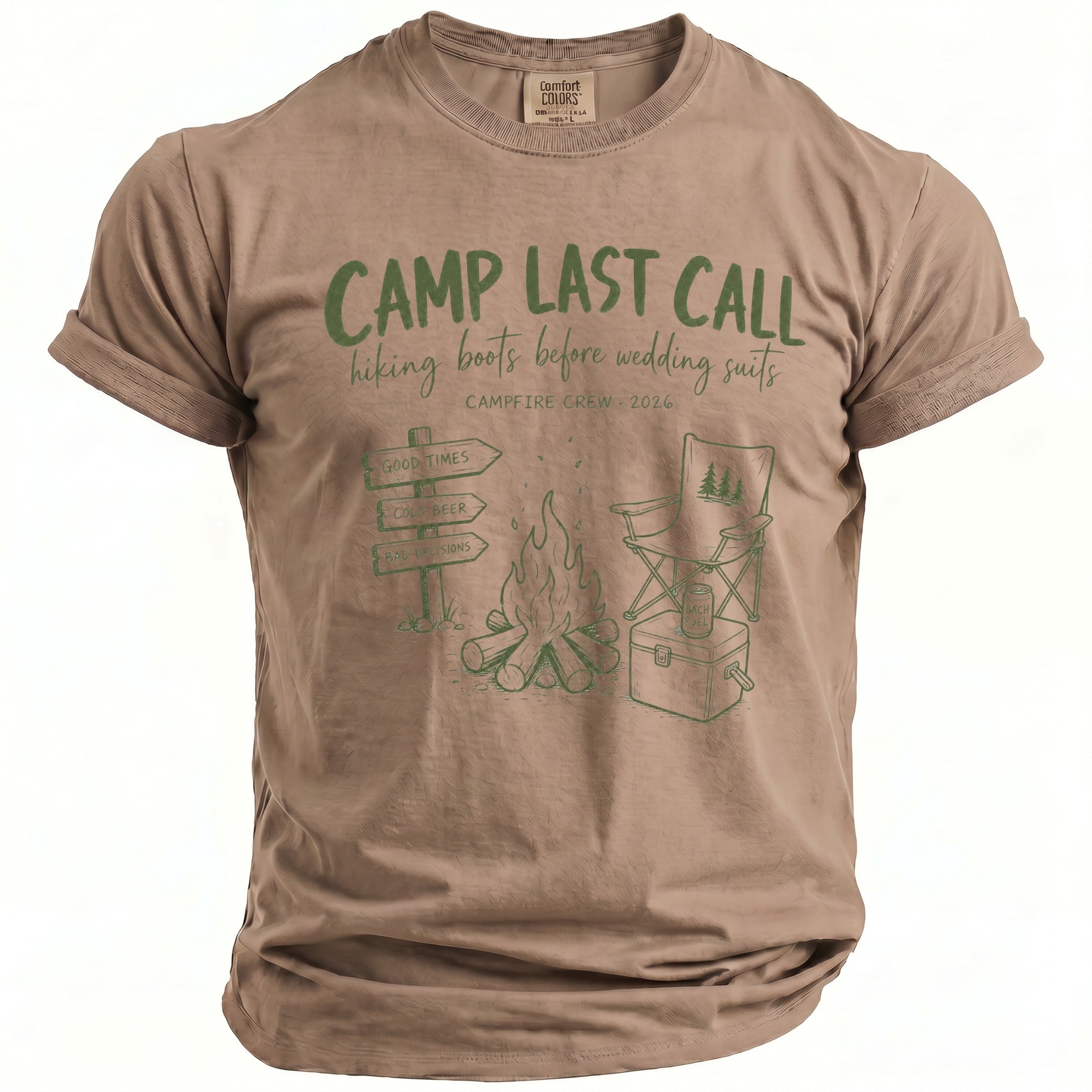 T-shirt with graphic: Camp Last Call, hiking boots before wedding suits.