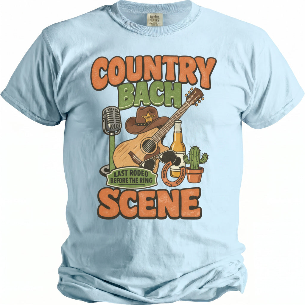 Country Bach Last Rodeo Before the Ring Scene graphic on light blue t-shirt.