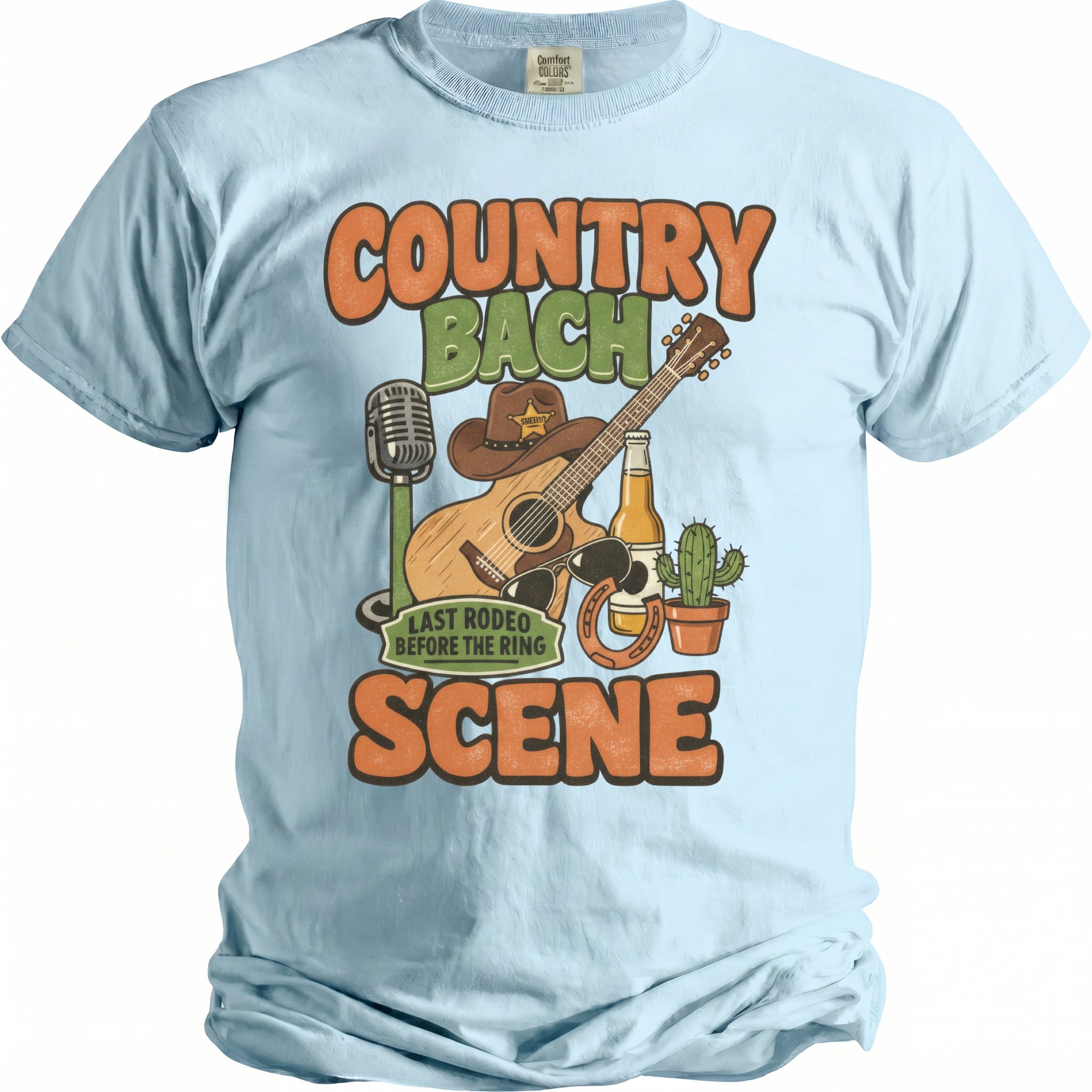Country Bach Last Rodeo Before the Ring Scene graphic on light blue t-shirt.