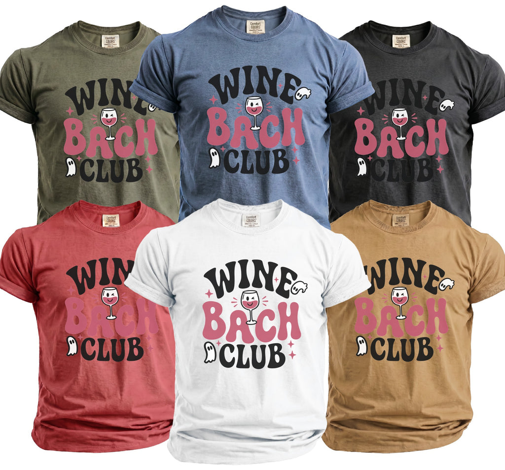 Five t-shirts in different colors, each with "Wine Bach Club" and a wine glass graphic.