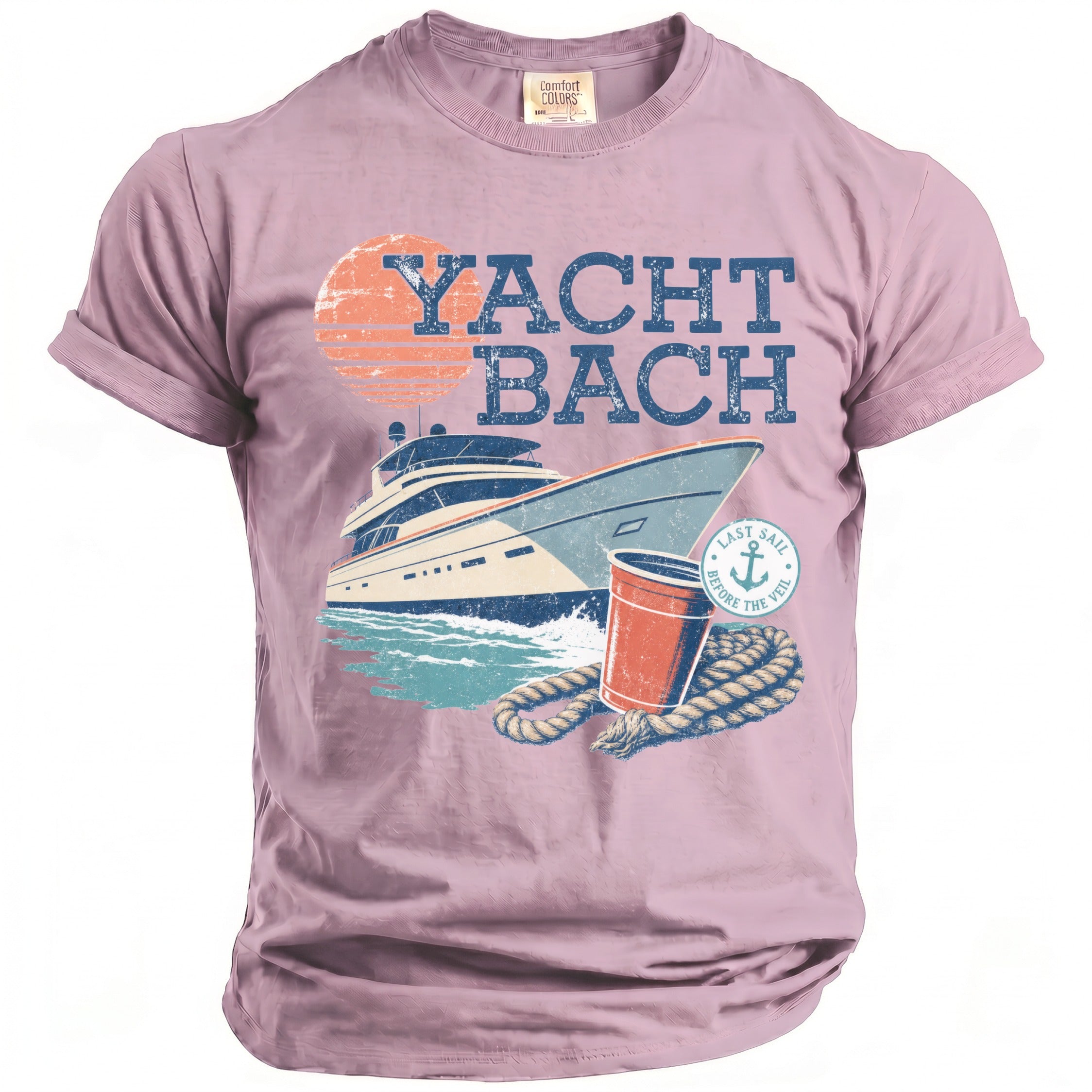 Light purple crewneck t-shirt featuring a retro graphic of a yacht, a red cup, and the text Yacht Bach.