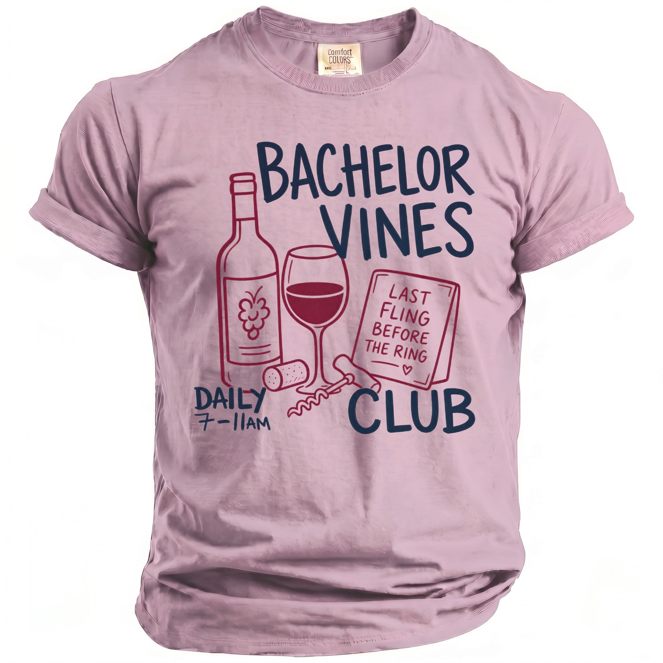 Lavender t-shirt with "Bachelor Vines Club" and wine graphics.