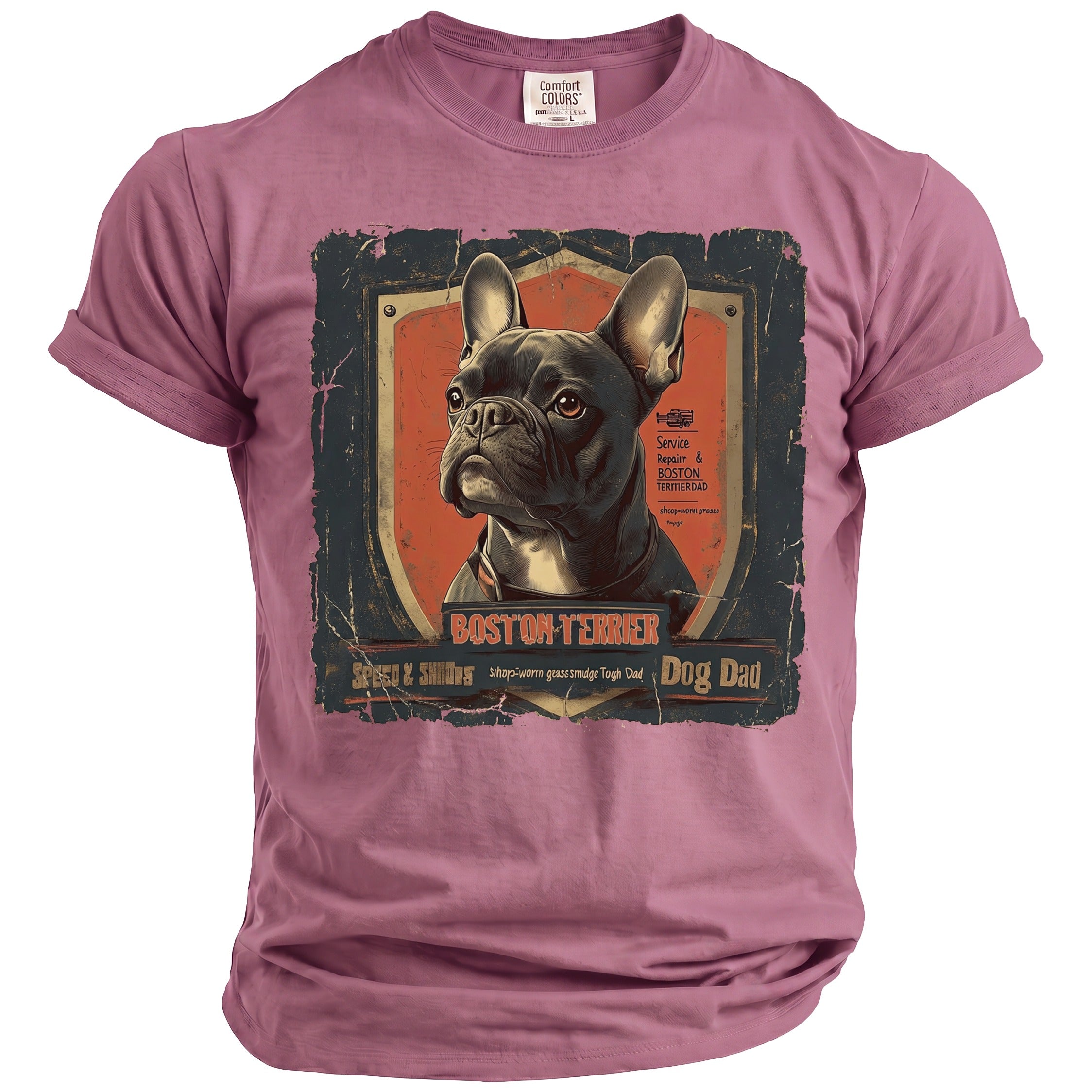 Boston Terrier graphic on a mauve Comfort Colors t-shirt with distressed design.