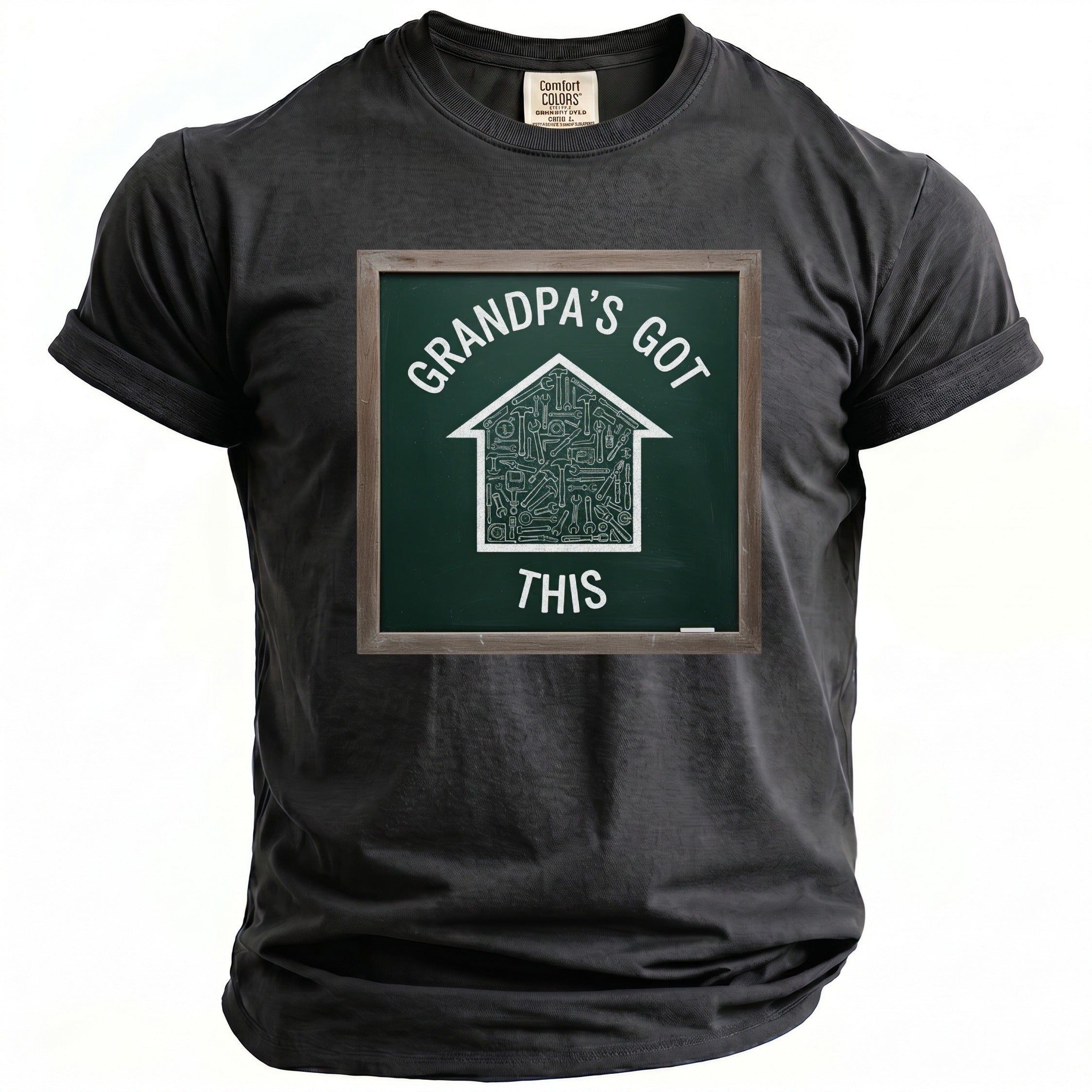 Black t-shirt with a chalk-style graphic of tools forming a house and text "Grandpa's Got This".