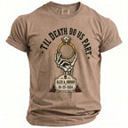 Brown t-shirt with skeleton hand holding ring, "Til Death Do Us Part," and "Alex & Jordan 05-25-2024."