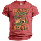 Red t-shirt with "Country Bach Last Rodeo Before the Ring Scene" graphic and country elements.