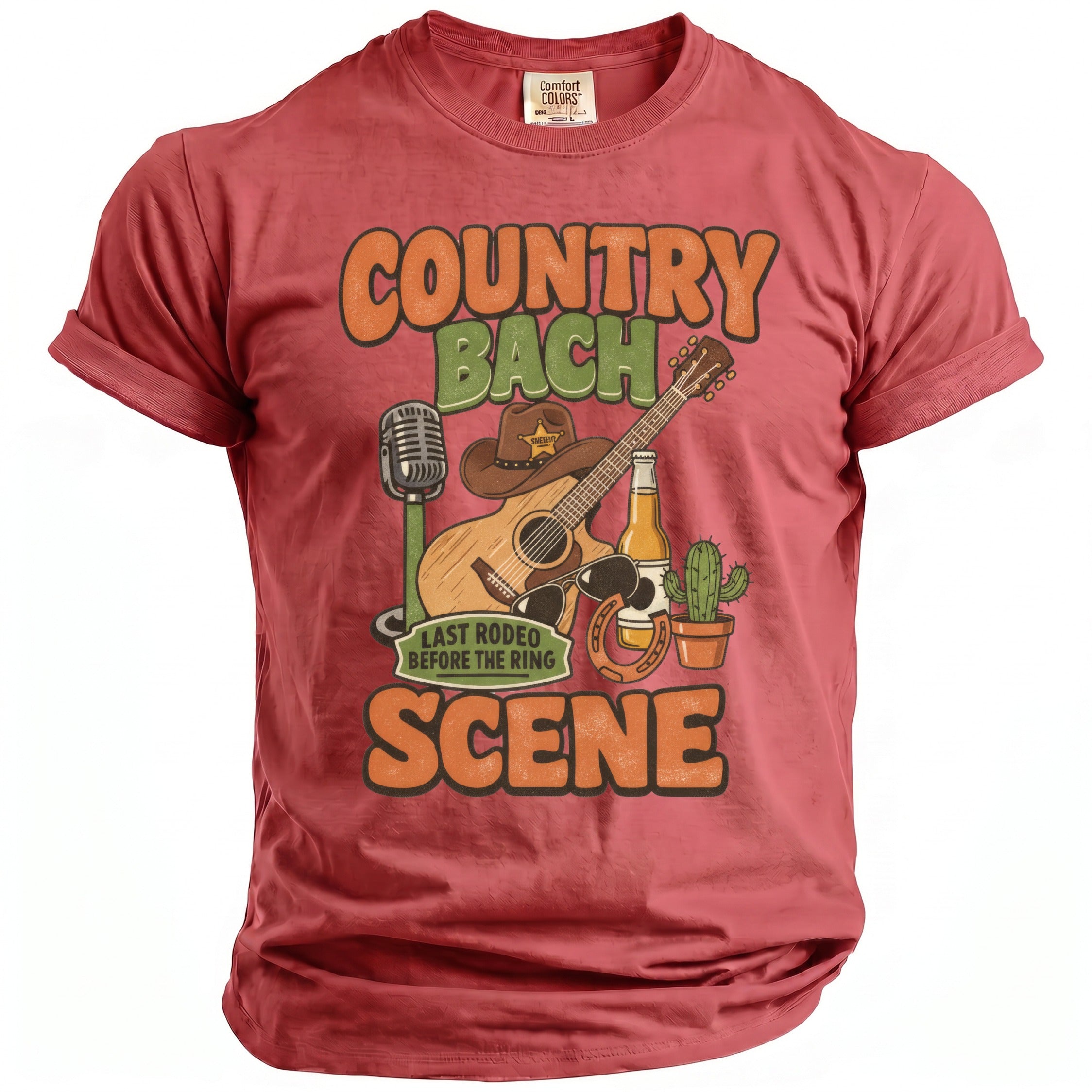 Red t-shirt with "Country Bach Last Rodeo Before the Ring Scene" graphic and country elements.
