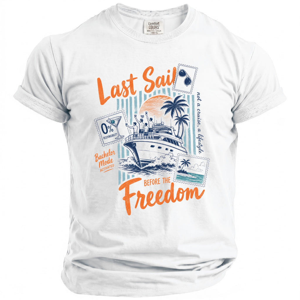 White t-shirt with graphic reading "Last Sail Before the Freedom" and yacht scene.