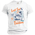 White t-shirt with graphic reading "Last Sail Before the Freedom" and yacht scene.