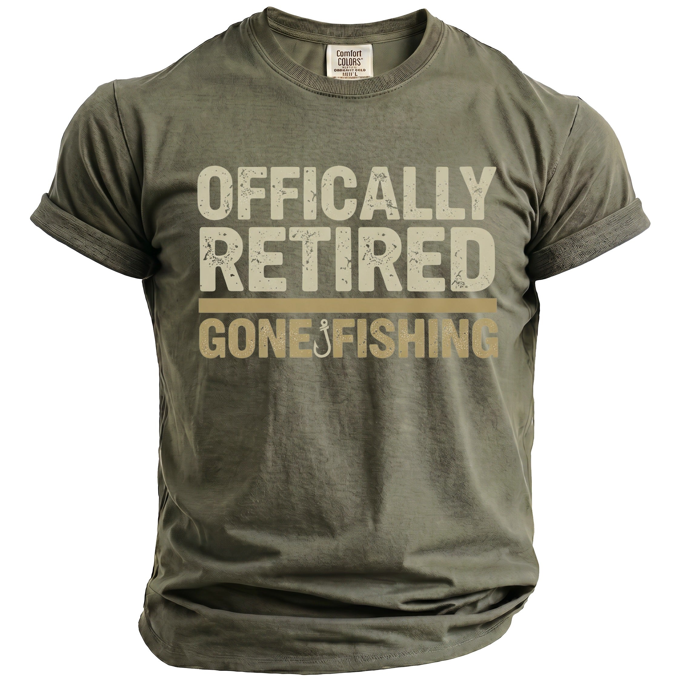 Olive green t-shirt with "Officially Retired Gone Fishing" text and fishing hook graphic.