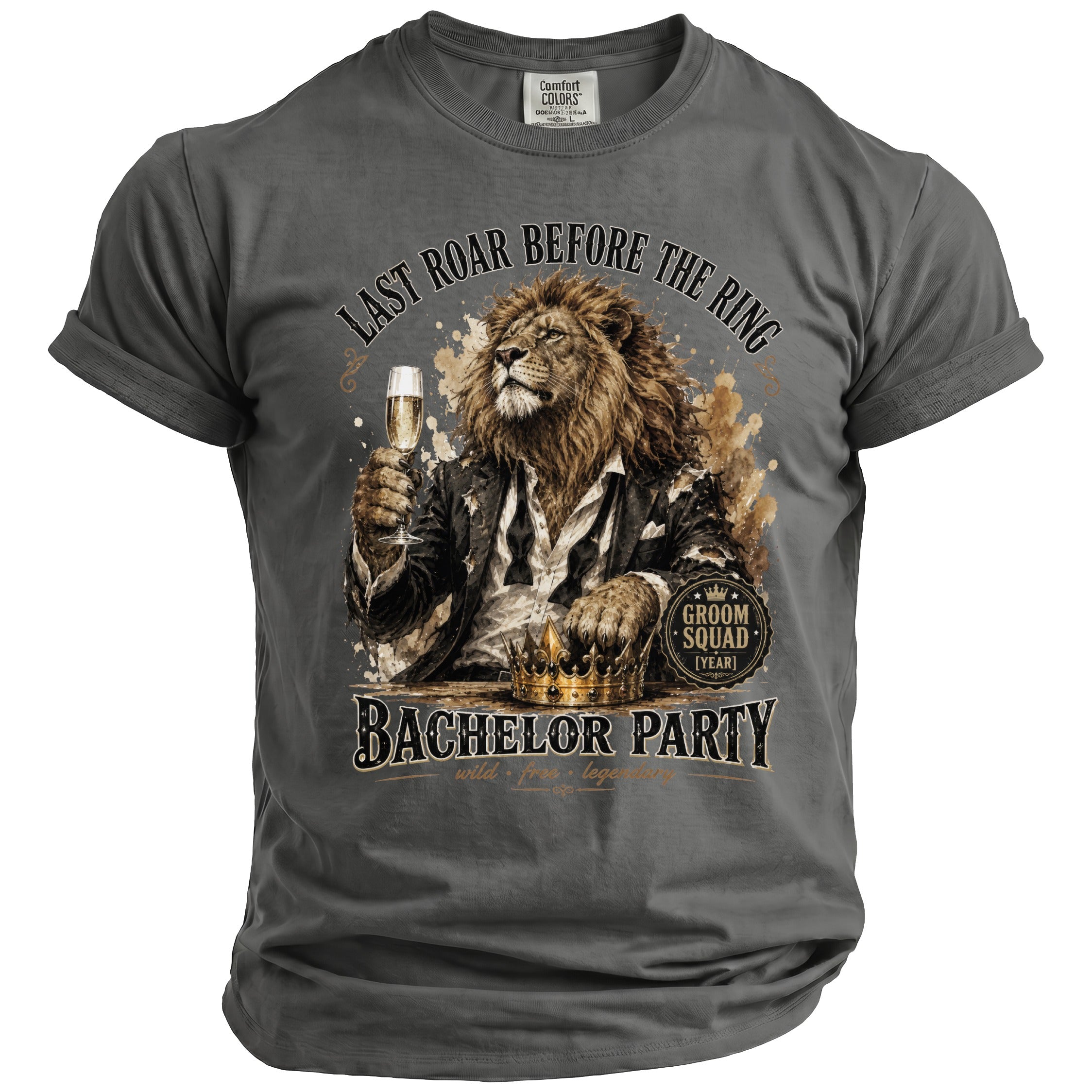 Lion in a suit holding champagne, text reads "Last Roar Before the Ring" and "Bachelor Party".