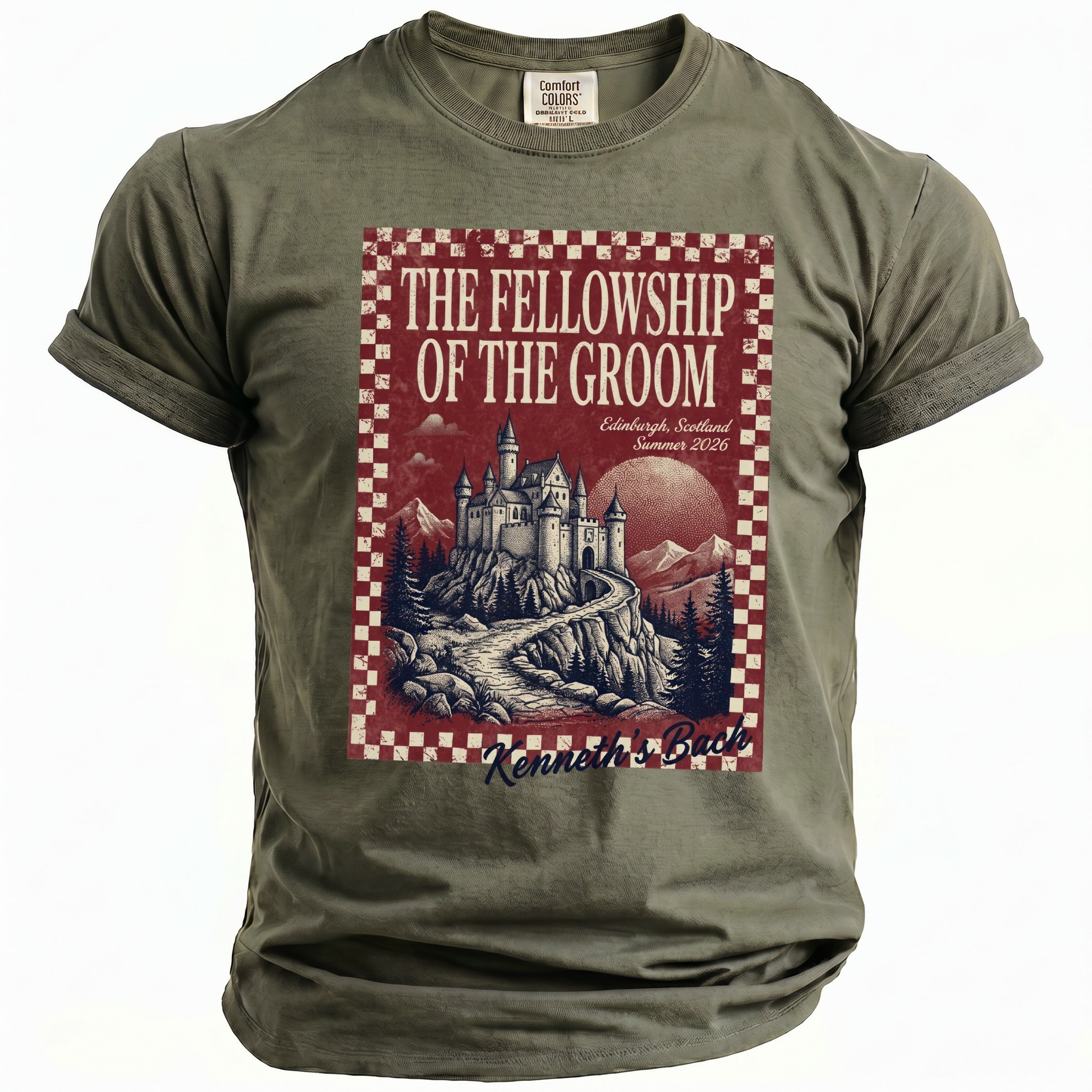Olive green t-shirt with "The Fellowship of the Groom" graphic featuring a castle.