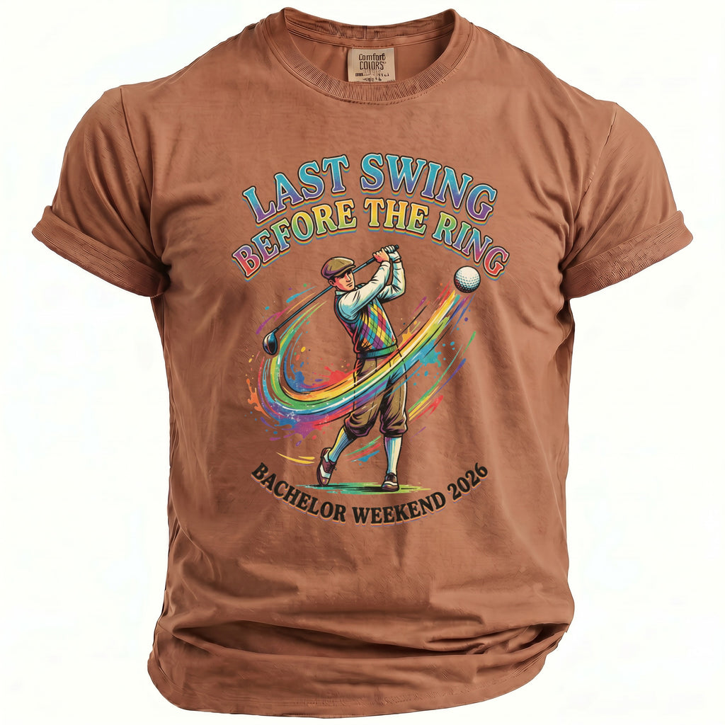Brown t-shirt with graphic text "Last Swing Before The Ring" and a golfer.