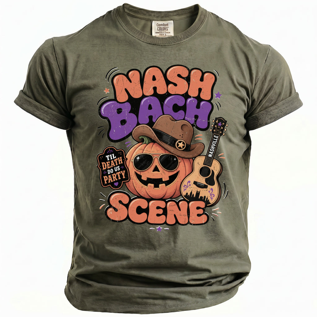 Nashville Bach Scene t-shirt with grinning pumpkin, cowboy hat, guitar, and text.