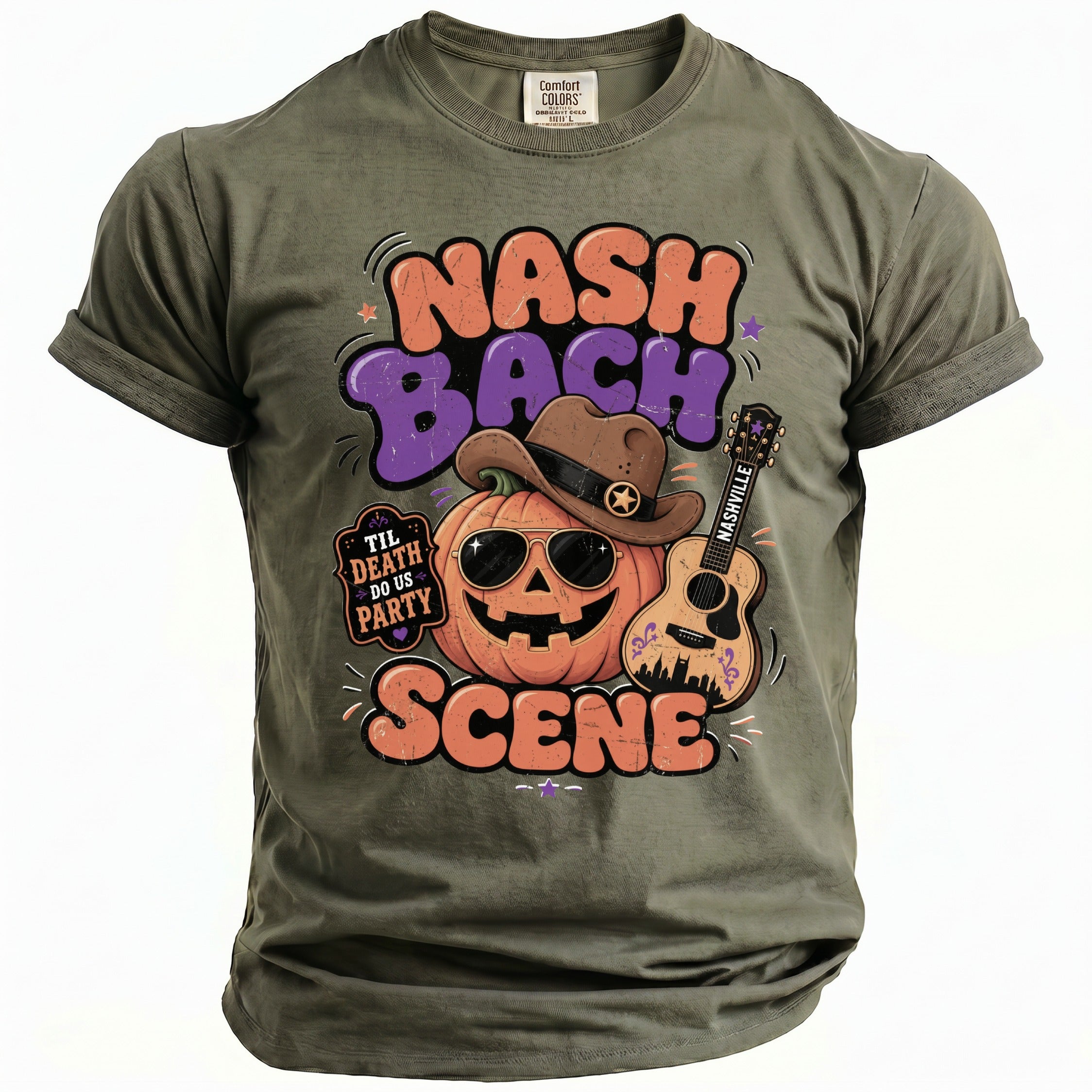 Nashville Bach Scene t-shirt with grinning pumpkin, cowboy hat, guitar, and text.