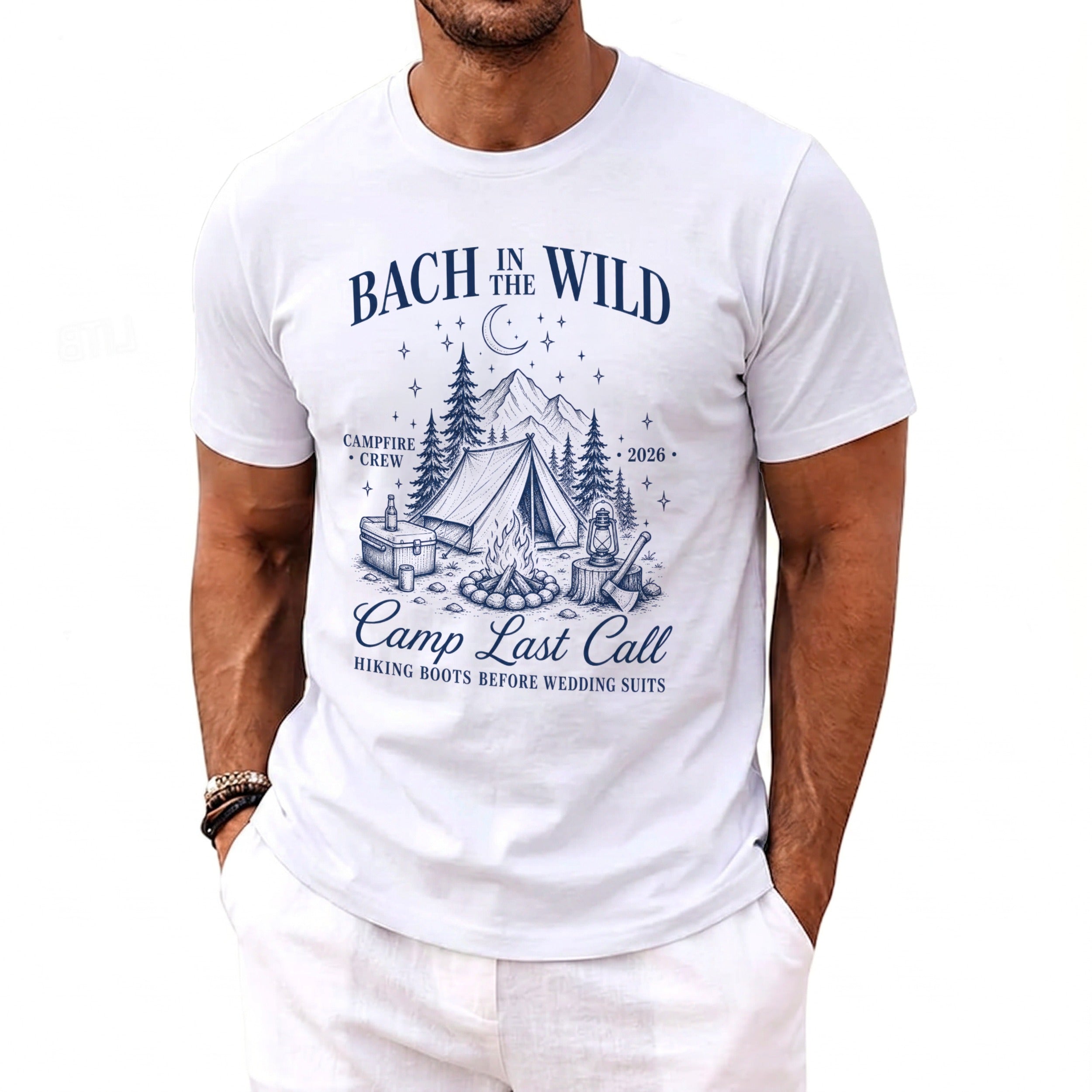 White t-shirt with "Bach in the Wild, Camp Last Call" text and camping graphic.