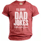Red t-shirt with "I'll Bring The Dad Jokes Father of the Groom" graphic.