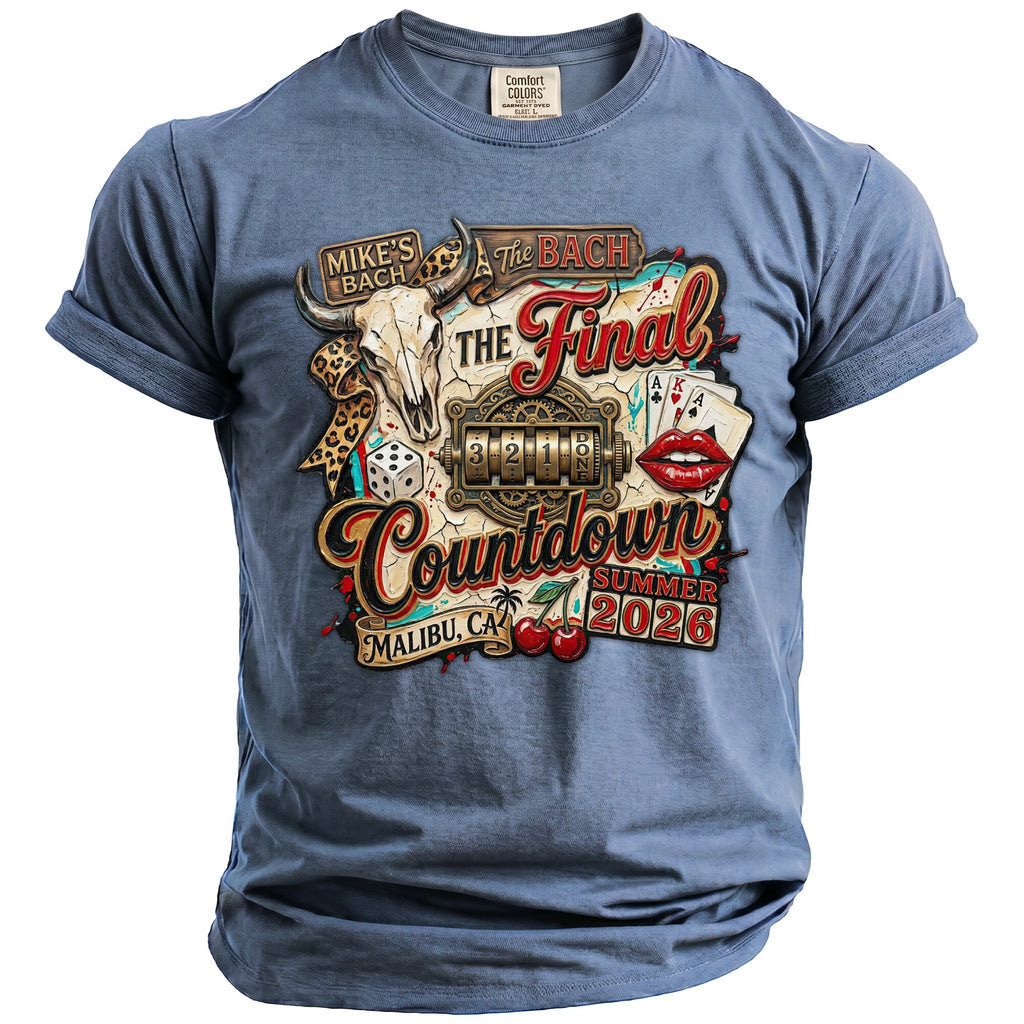 Blue t-shirt with "Mike's Bach", "The Bach", and "The Final Countdown" graphics.