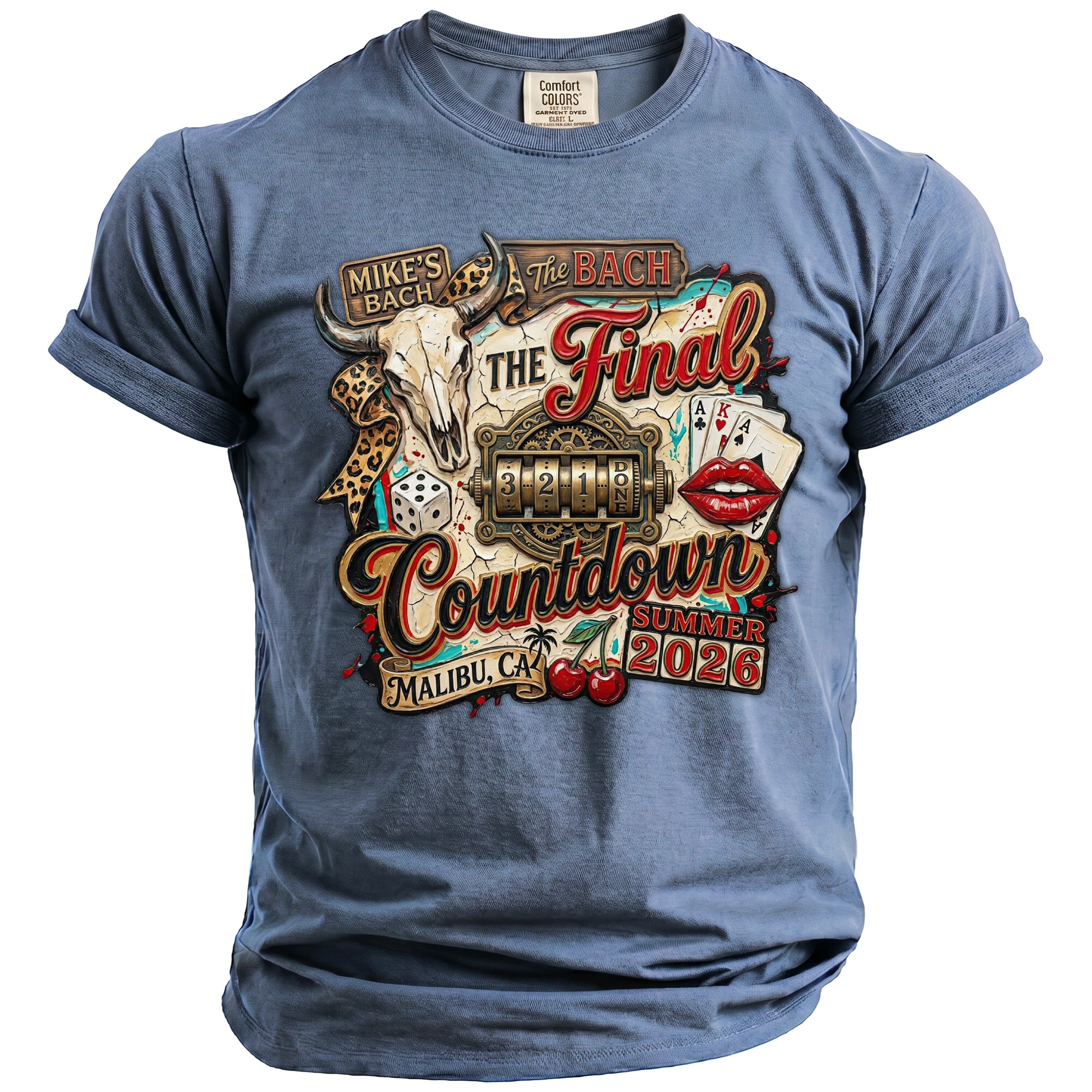 Blue t-shirt with "Mike's Bach", "The Bach", and "The Final Countdown" graphics.