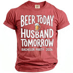 Red t-shirt with text "Beer Today Husband Tomorrow Bachelor Party 2026".