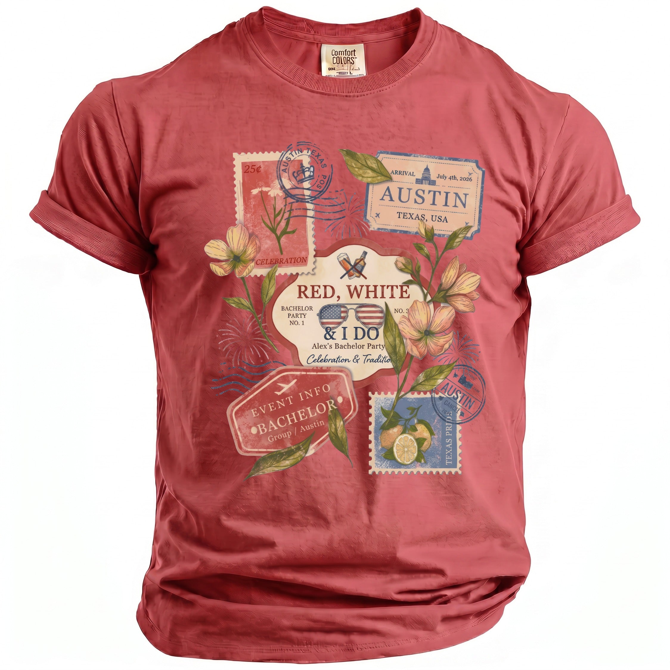Red t-shirt with "Red, White & I Do Alex's Bachelor Party" graphic.