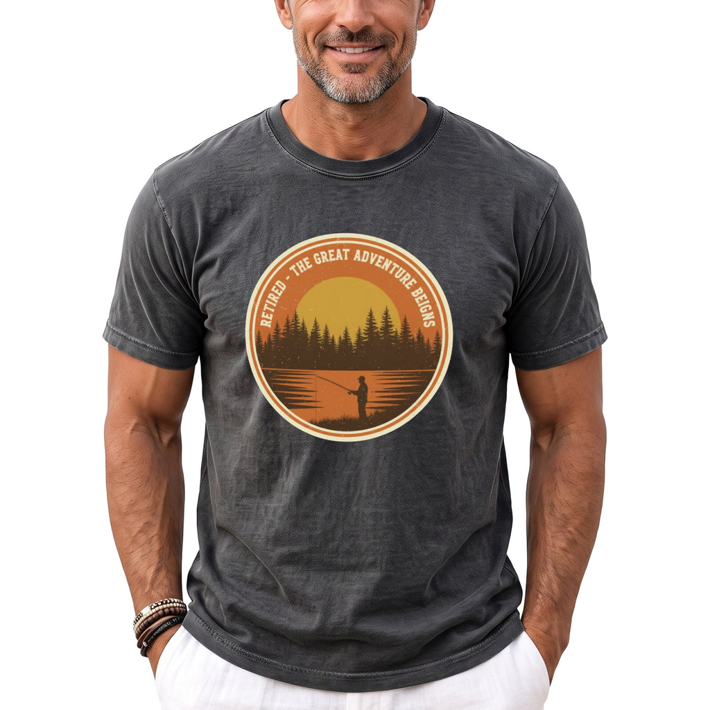 Dark gray t-shirt with a round graphic of a fisherman at sunset.