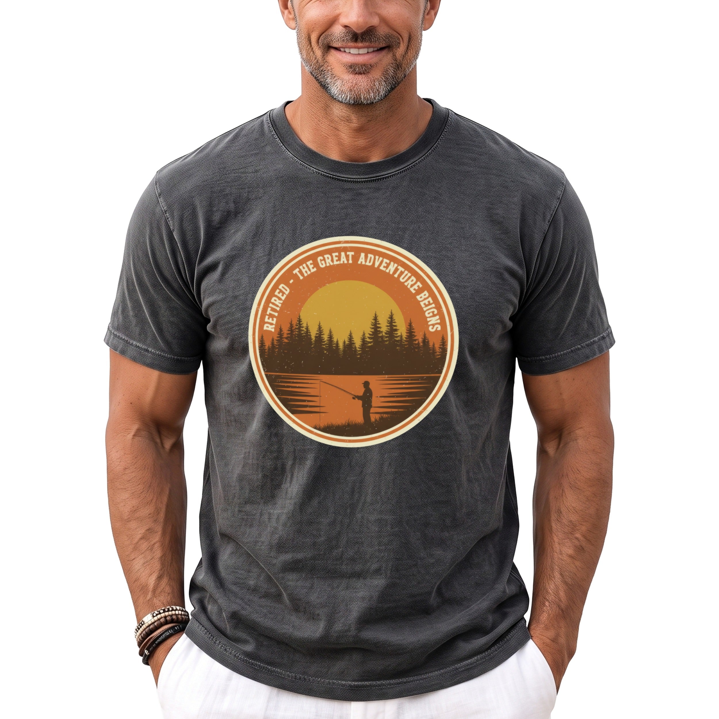 Dark gray t-shirt with a round graphic of a fisherman at sunset.
