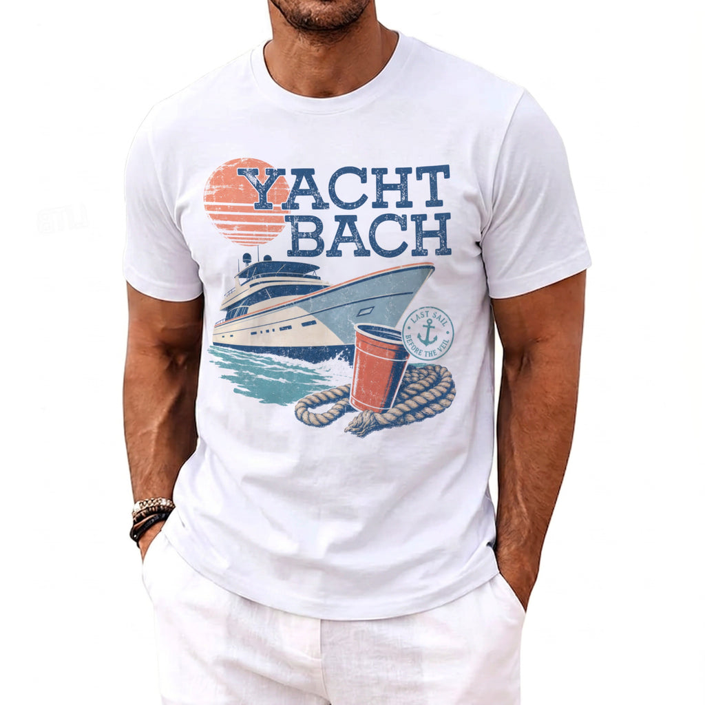 A man wearing a white t-shirt printed with a graphic featuring a yacht and the text Yacht Bach.