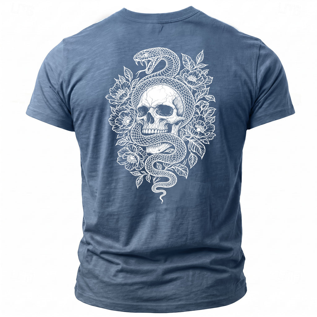 Blue t-shirt with white graphic of snake coiled around skull and flowers.