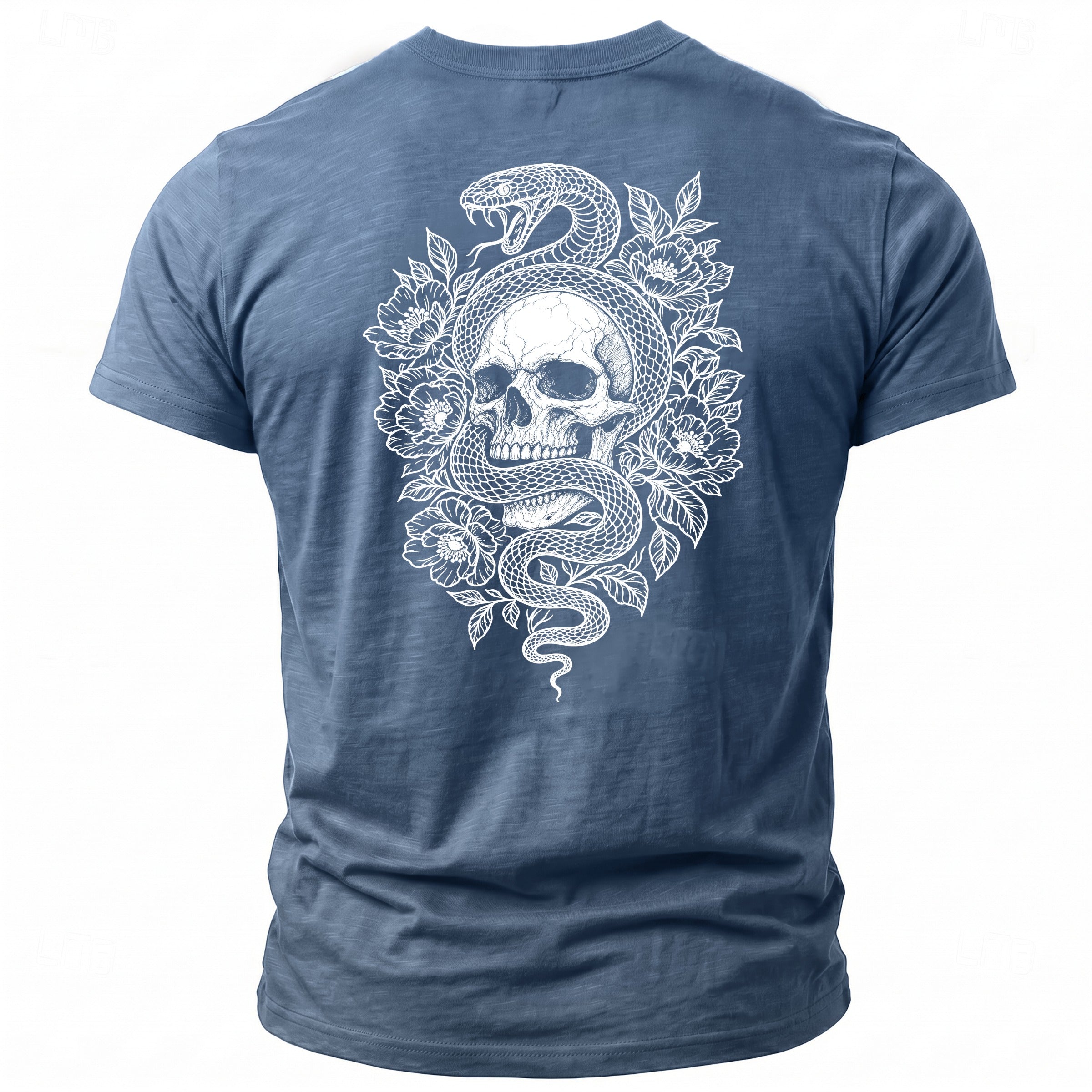 Blue t-shirt with white graphic of snake coiled around skull and flowers.
