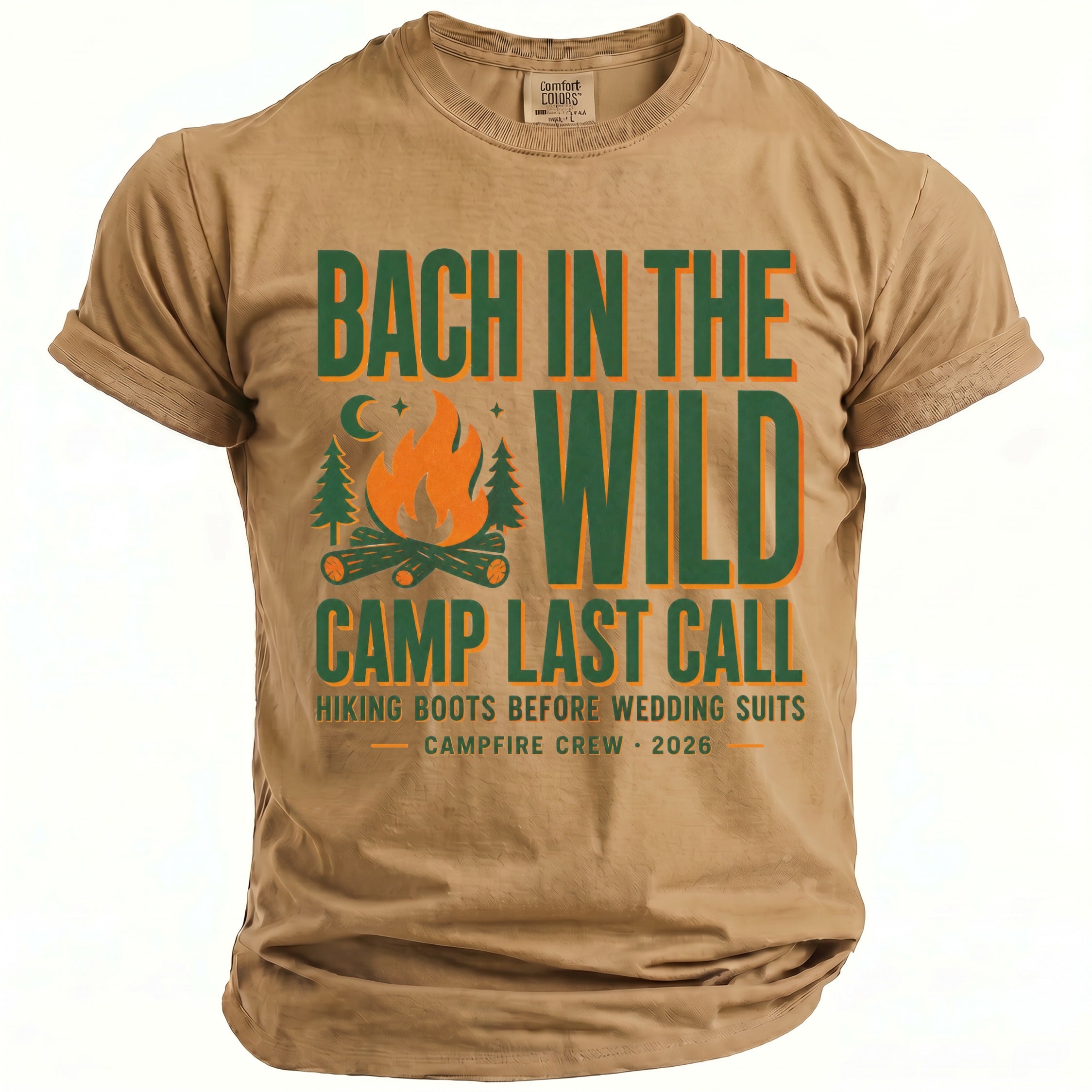 Tan t-shirt with "Bach In The Wild Camp Last Call" text and campfire graphic.