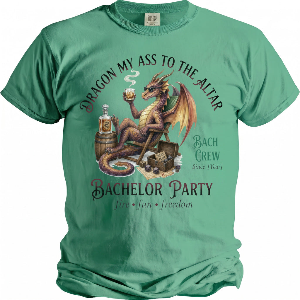 Dragon in chair with drink, Bachelor Party text, and 'Bach Crew' text.