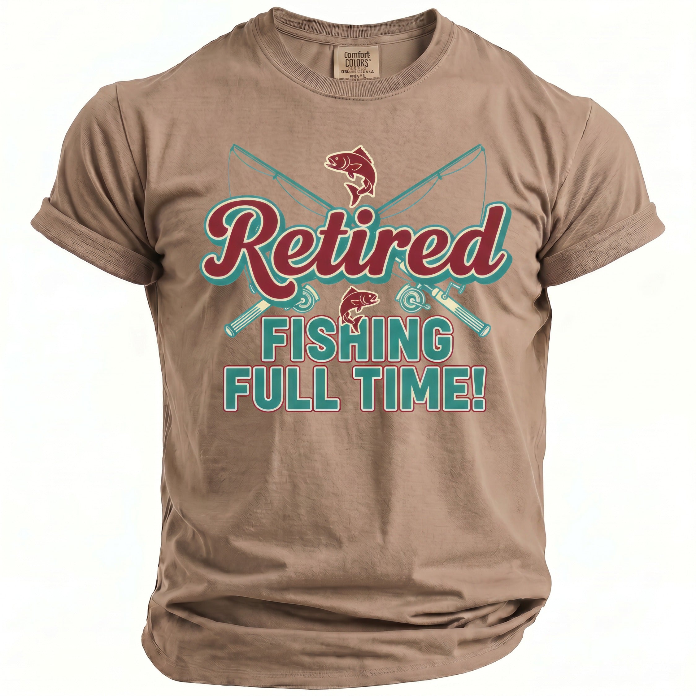 T-shirt with "Retired Fishing Full Time!" text and fishing graphics.
