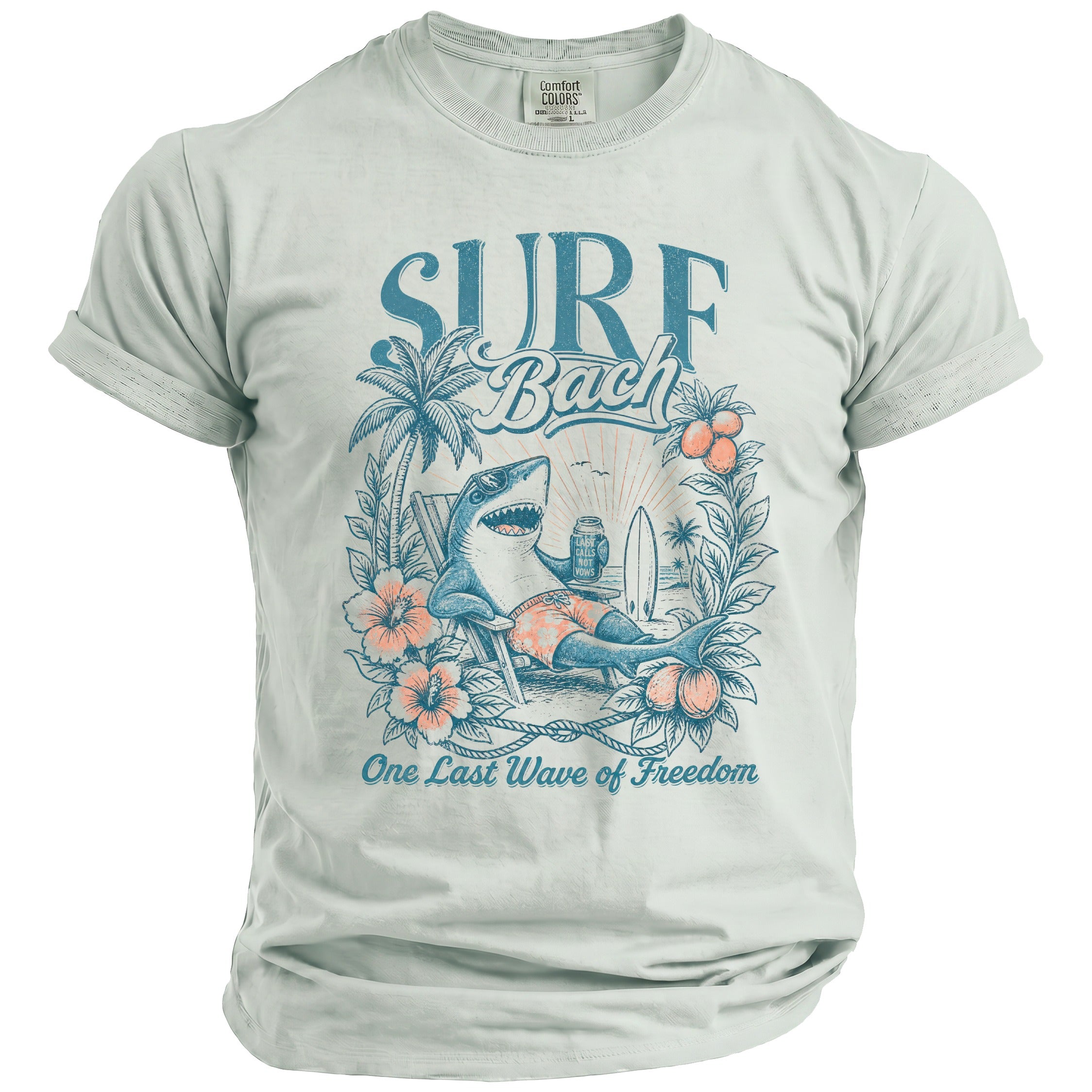 T-shirt with a shark lounging on a beach chair, text "SURF Bach" and "One Last Wave of Freedom."