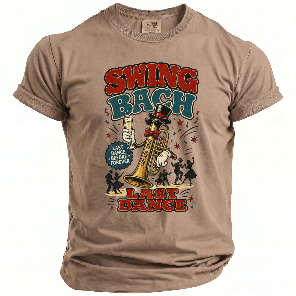 Tee with vintage graphic of a trumpet holding champagne, with text.