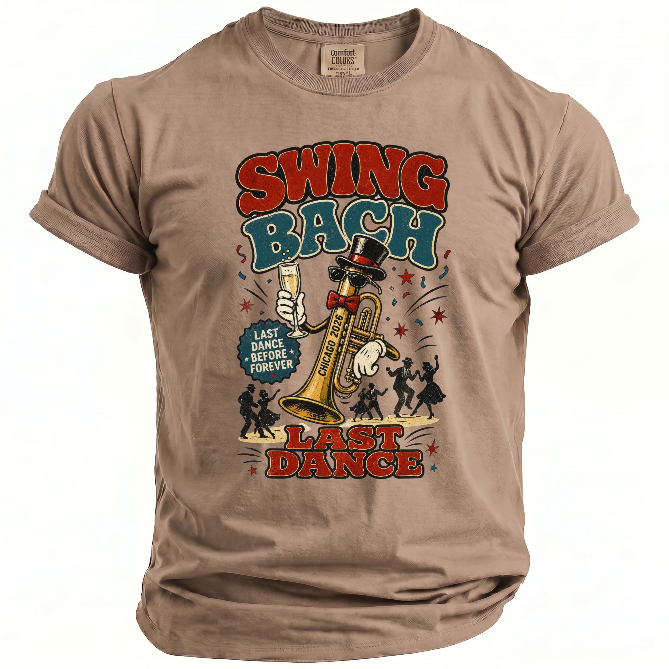 Tee with vintage graphic of a trumpet holding champagne, with text.