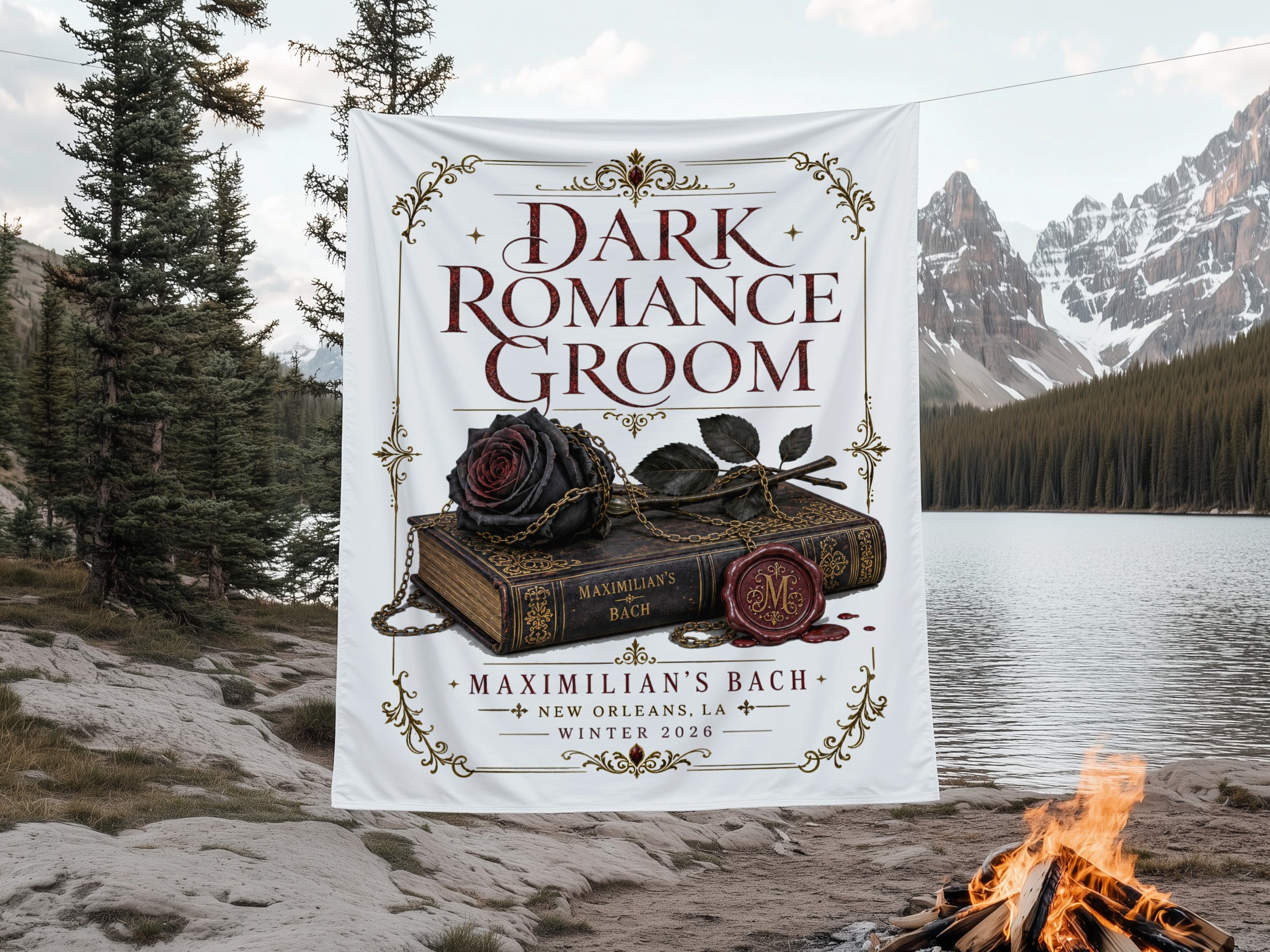 Dark Romance Groom book with black rose, chain, and wax seal; Maximilian's Bach, Winter 2026.