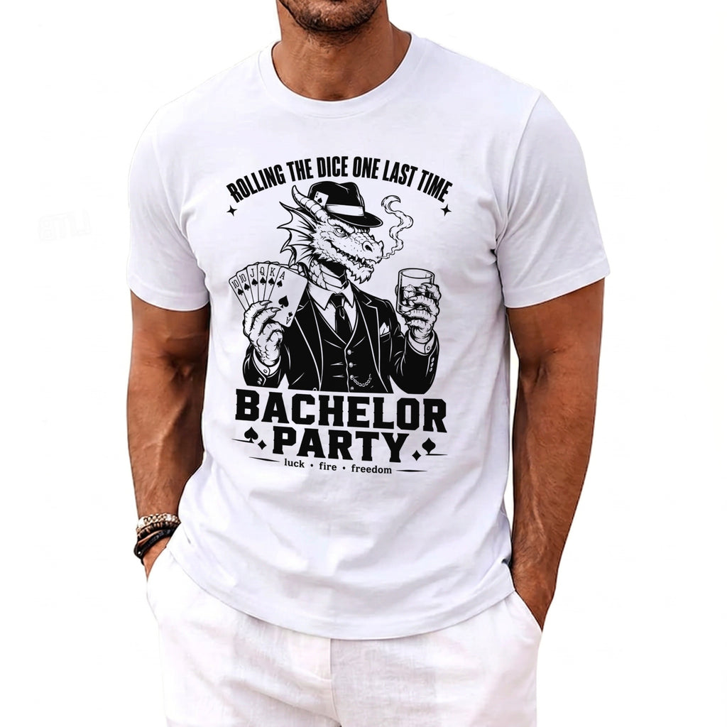 White t-shirt graphic of a dragon in a suit holding cards and a drink, with text.