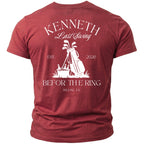 Red t-shirt with "KENNETH Last Swing EST. 2026" and golf graphic.
