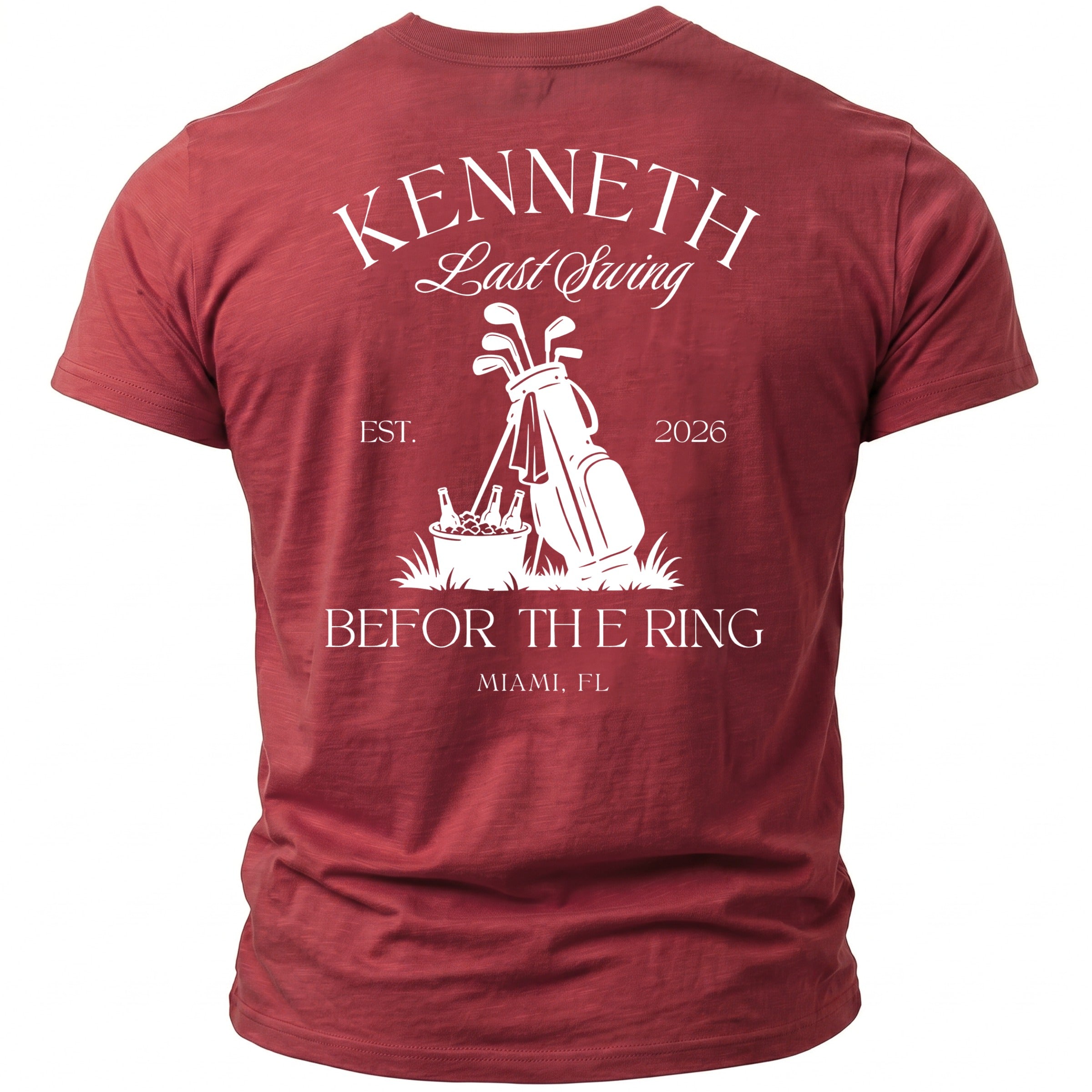 Red t-shirt with "KENNETH Last Swing EST. 2026" and golf graphic.