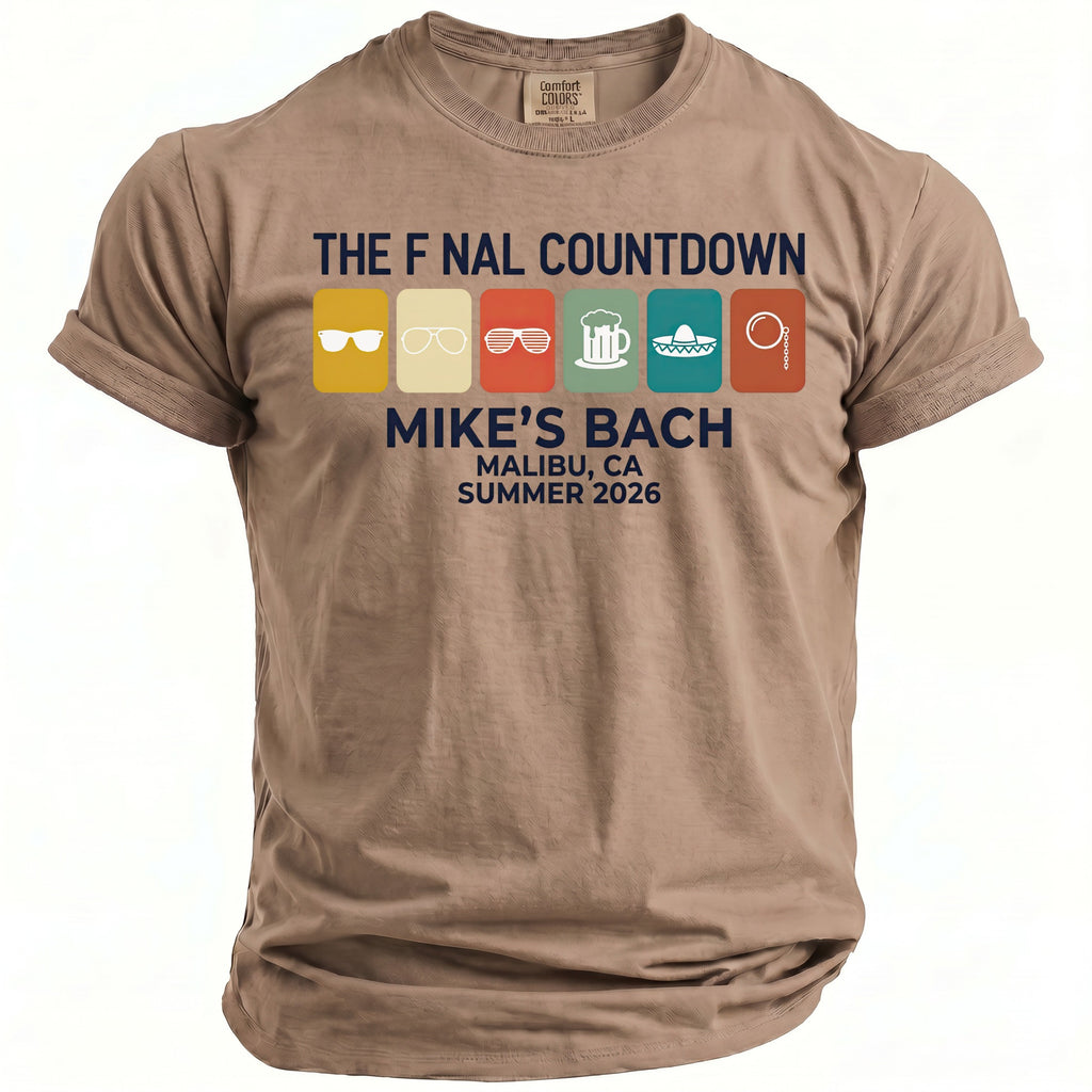 T-shirt with "The Final Countdown Mike's Bach Malibu CA Summer 2026" text.