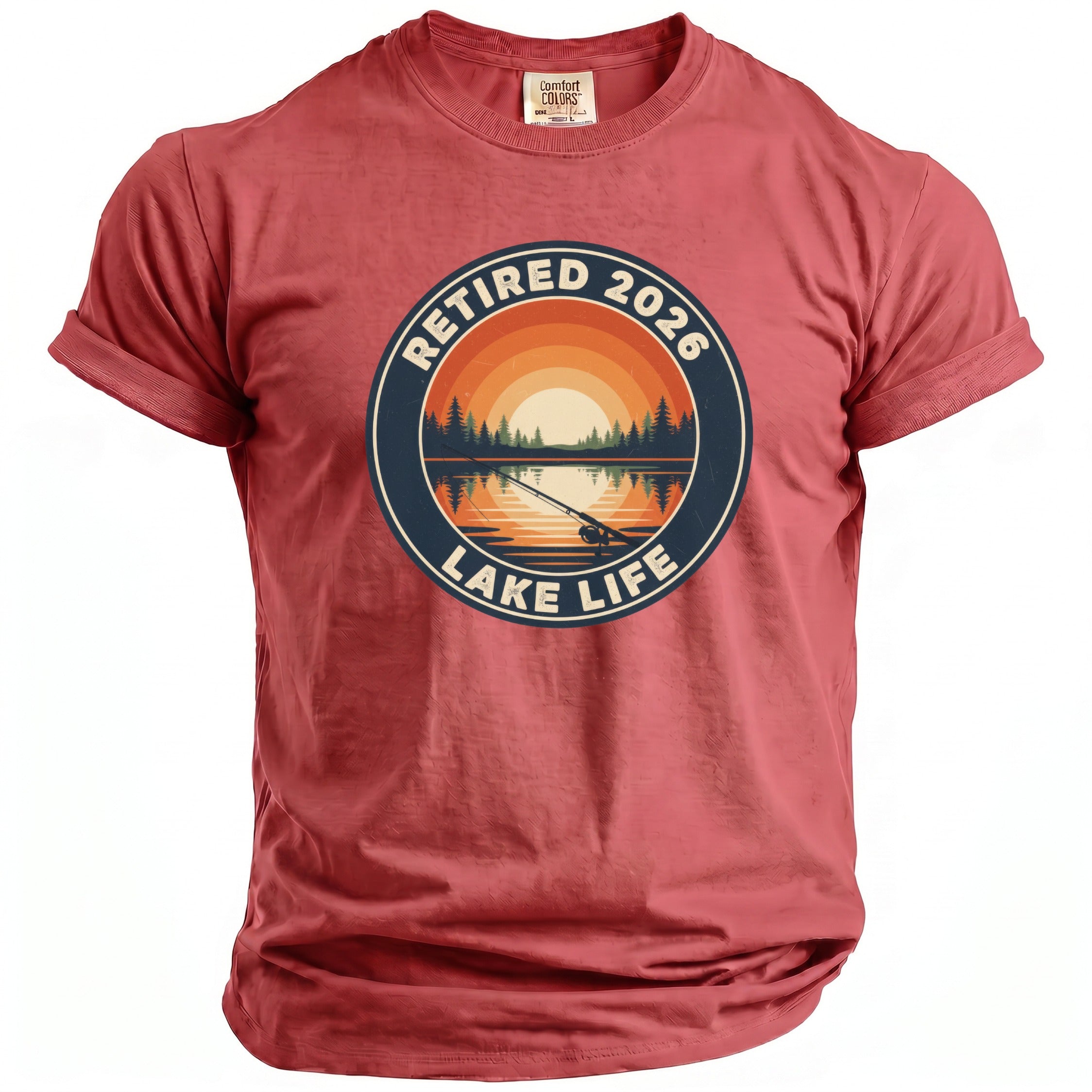Red t-shirt with "Retired 2026 Lake Life" graphic.