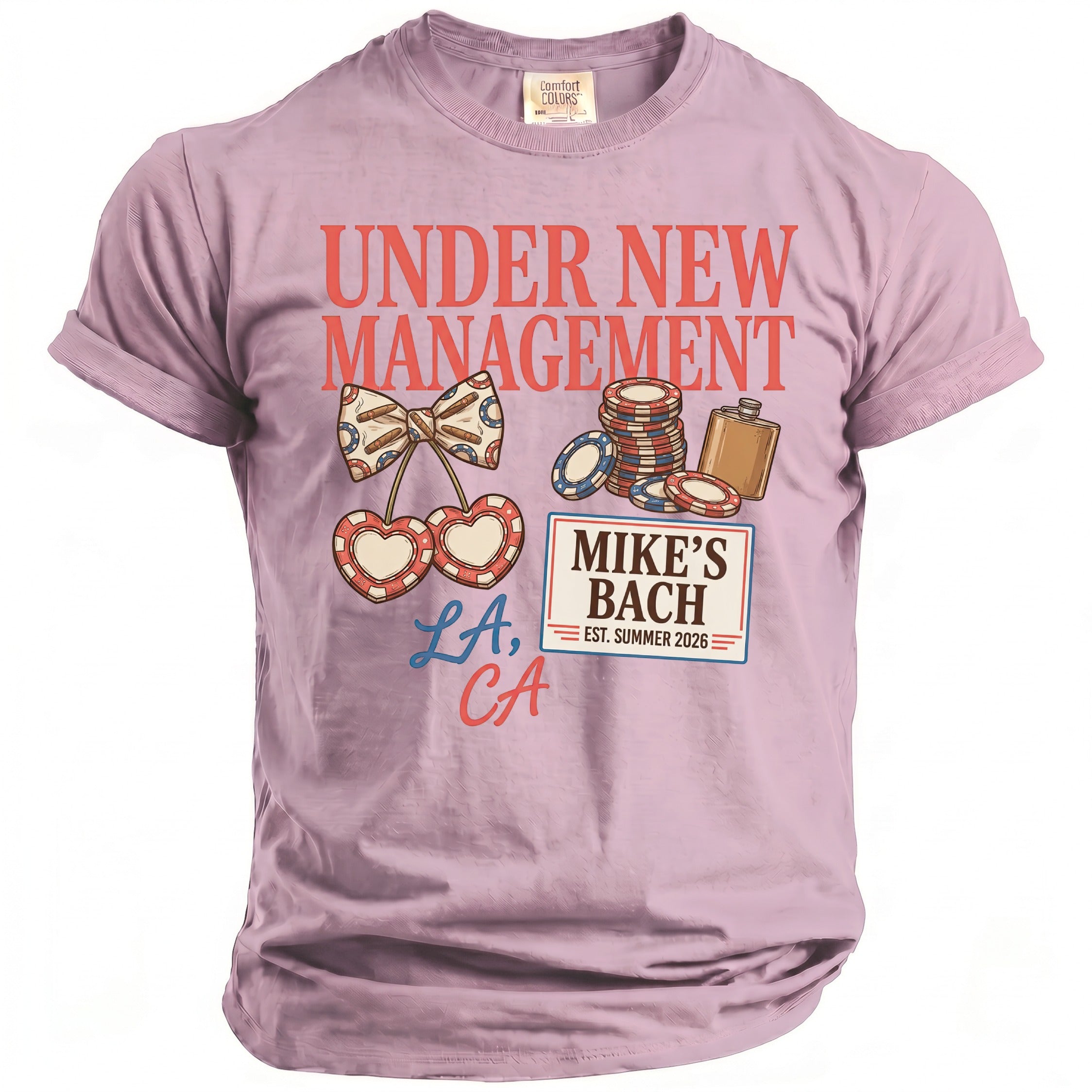 Lavender graphic t-shirt with "UNDER NEW MANAGEMENT" and "MIKE'S BACH" designs.